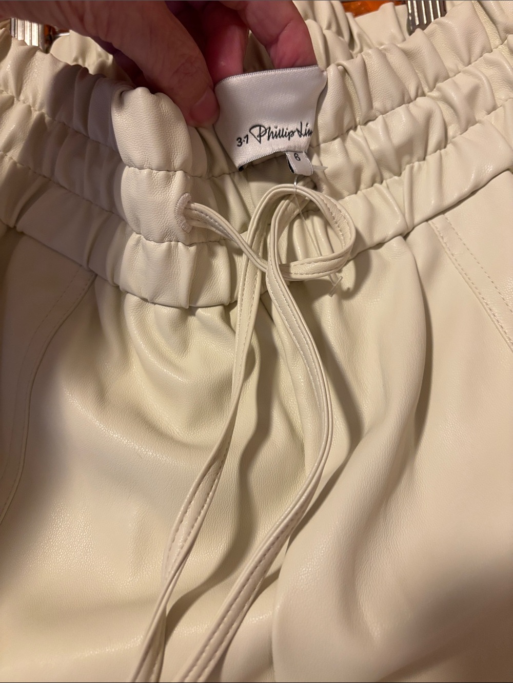 3.1 Phillip Lim Cream Faux Leather High-Waist Drawstring pants size 6